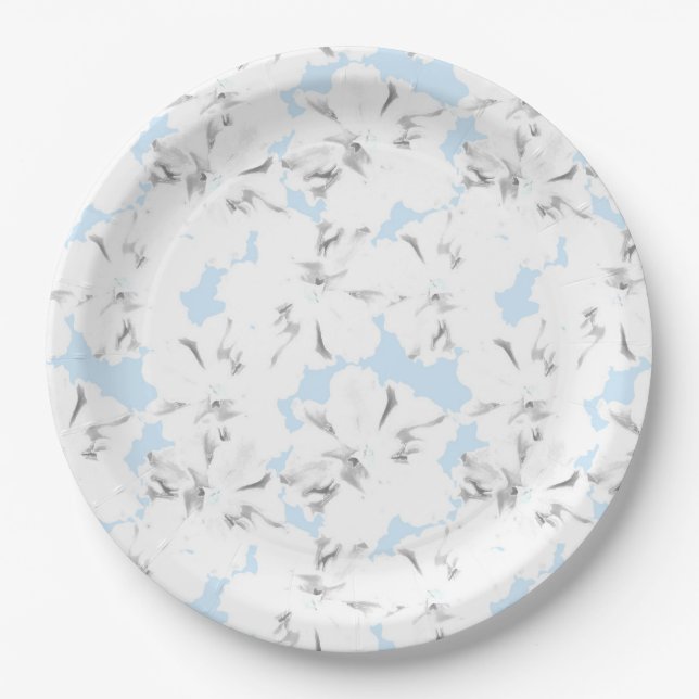 White flowers on light blue. paper plates (Front)