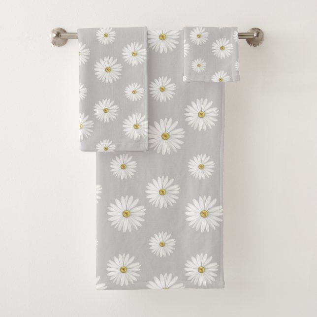 White Flowers on Light Gray Bath Towel Set (Insitu)