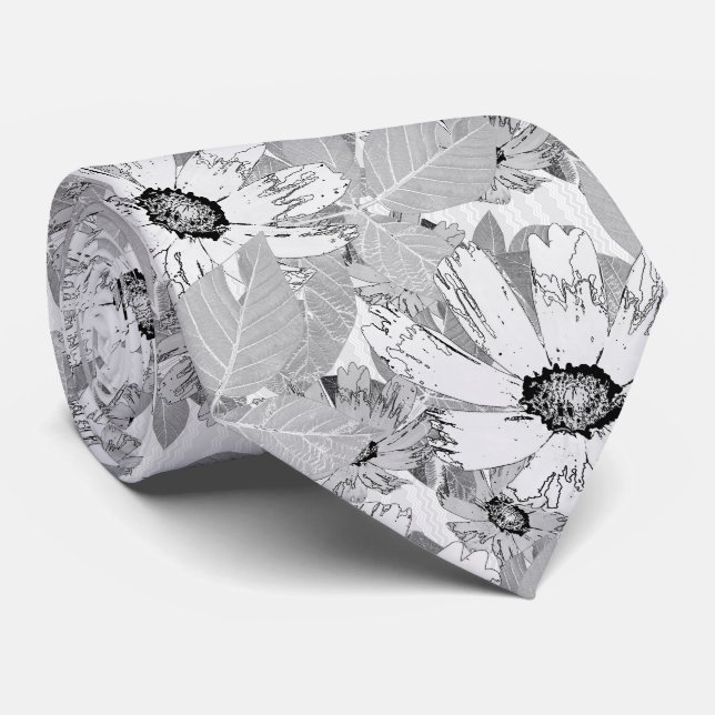 White flowers on light gray. neck tie (Rolled)