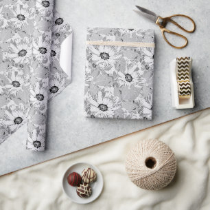White flowers on light gray. wrapping paper