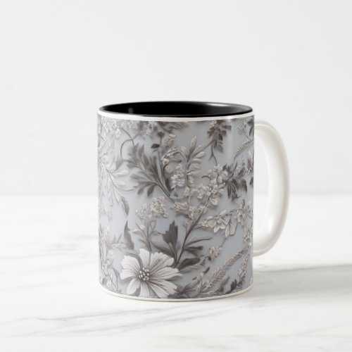 White flowers on light grey background Two_Tone coffee mug
