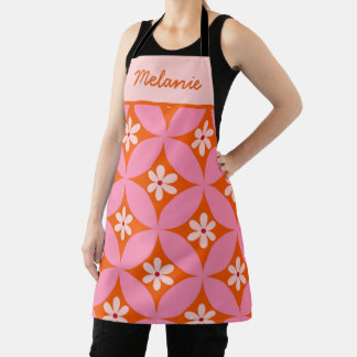 White Flowers on Mid Century Pink Circles Custom Apron