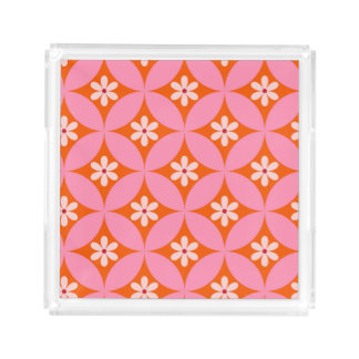 White Flowers on Mid Century Pink Circles Pattern Acrylic Tray