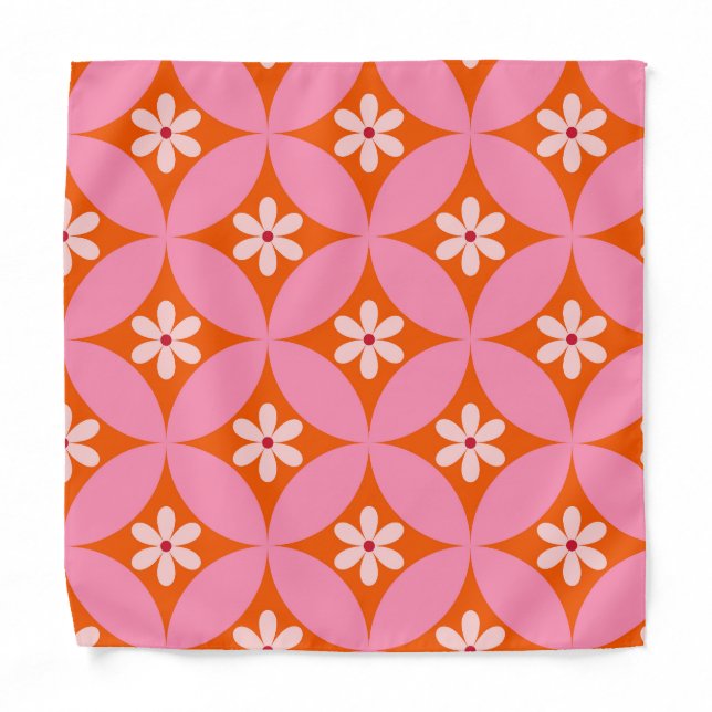 White Flowers on Mid Century Pink Circles Pattern  Bandana (Front)