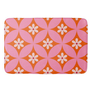 White Flowers on Mid Century Pink Circles Pattern Bath Mat
