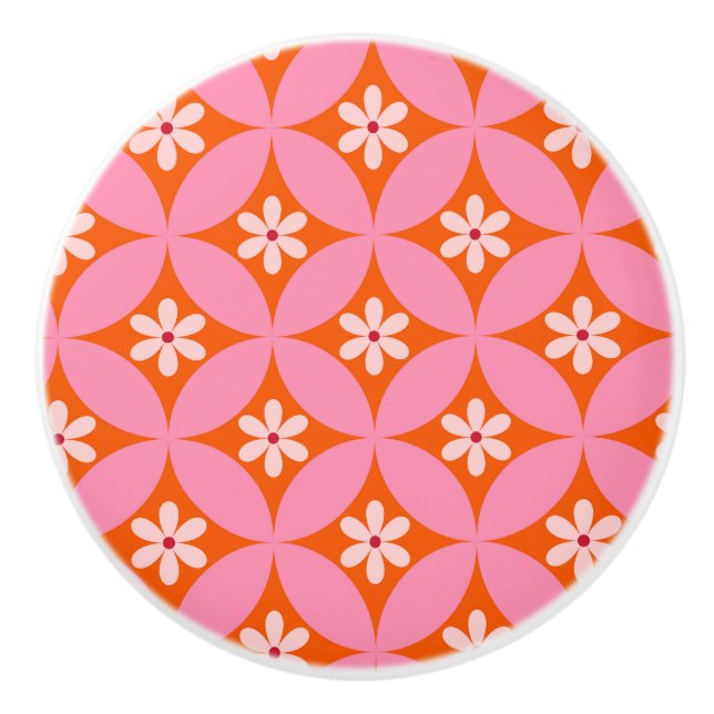 White Flowers on Mid Century Pink Circles Pattern  Ceramic Knob (Front)