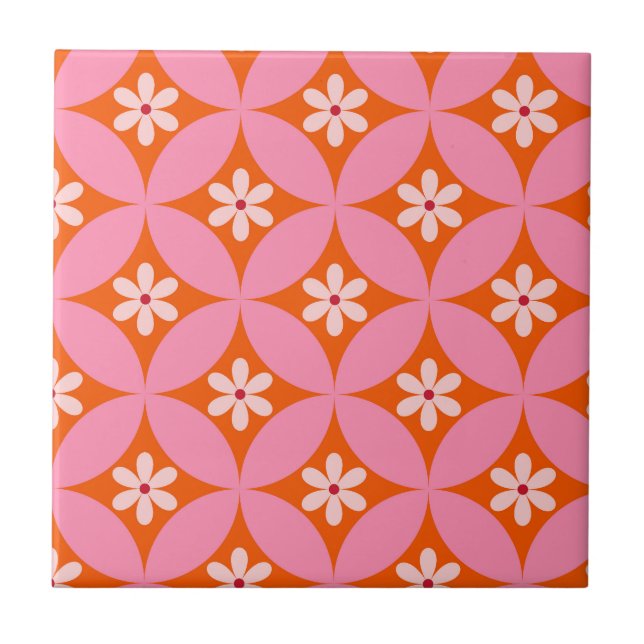 White Flowers on Mid Century Pink Circles Pattern  Ceramic Tile (Front)