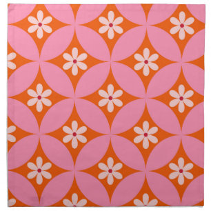 White Flowers on Mid Century Pink Circles Pattern  Cloth Napkin