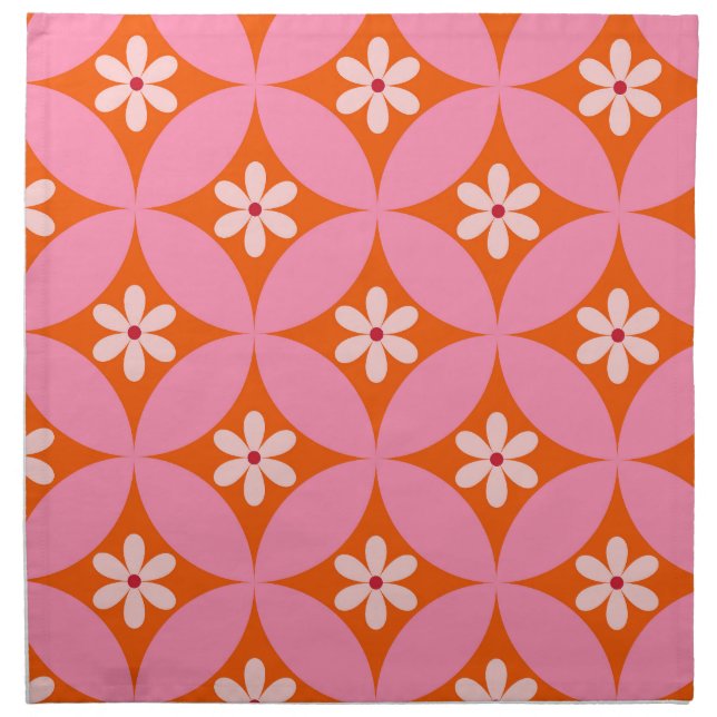 White Flowers on Mid Century Pink Circles Pattern  Cloth Napkin (Front)