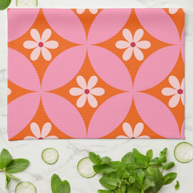 White Flowers on Mid Century Pink Circles Pattern  Kitchen Towel (Folded)