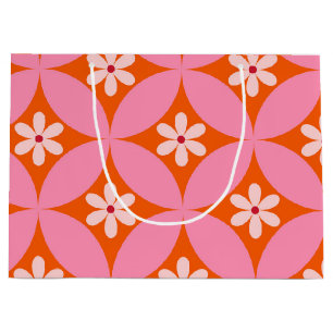 White Flowers on Mid Century Pink Circles Pattern Large Gift Bag
