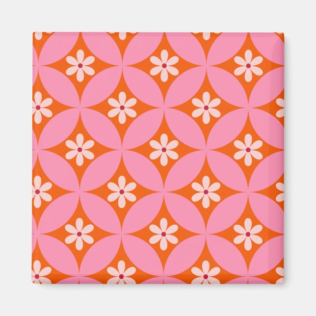 White Flowers on Mid Century Pink Circles Pattern  Magnet (Front)