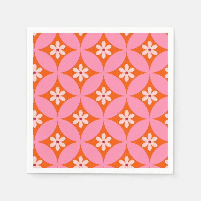 White Flowers on Mid Century Pink Circles Pattern  Napkins (Front)