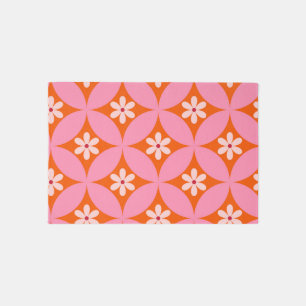 White Flowers on Mid Century Pink Circles Pattern  Rug