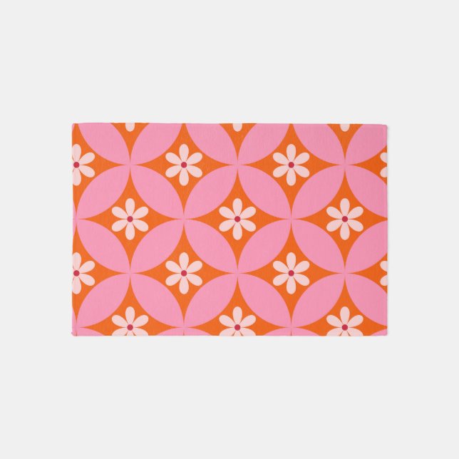 White Flowers on Mid Century Pink Circles Pattern  Rug (Front)