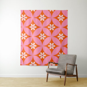 White Flowers on Mid Century Pink Circles Pattern  Tapestry