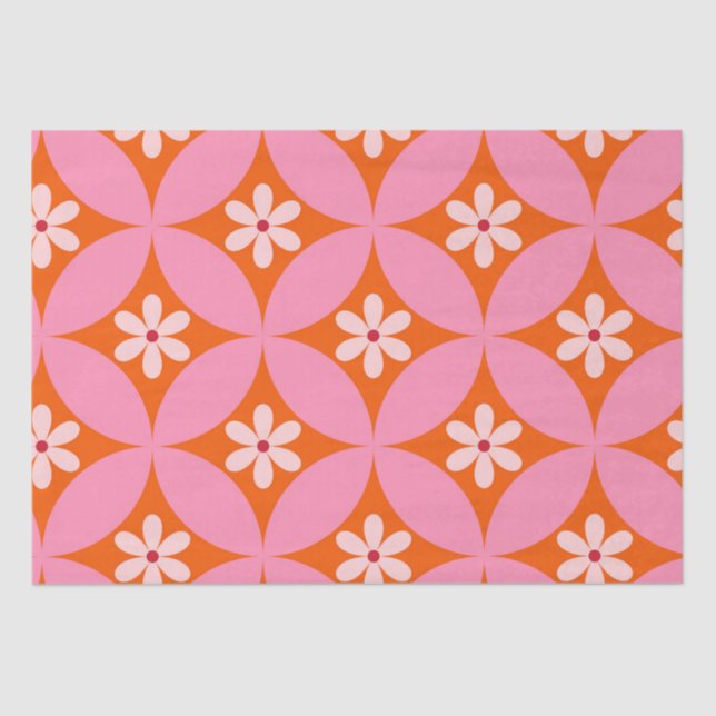 White Flowers on Mid Century Pink Circles Pattern  Tissue Paper (Front)