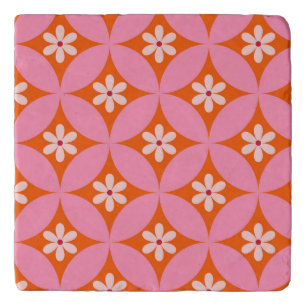 White Flowers on Mid Century Pink Circles Pattern Trivet