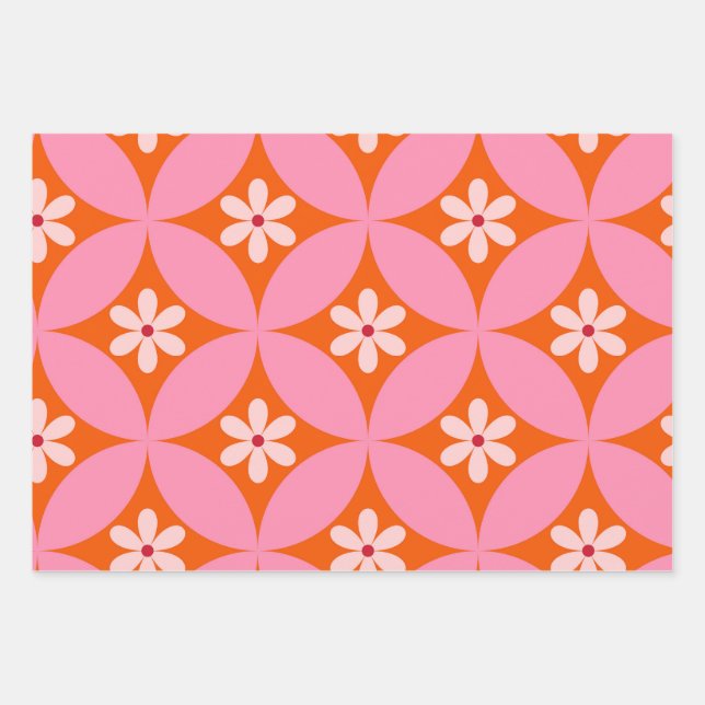 White Flowers on Mid Century Pink Circles Pattern  Wrapping Paper Sheets (Front)