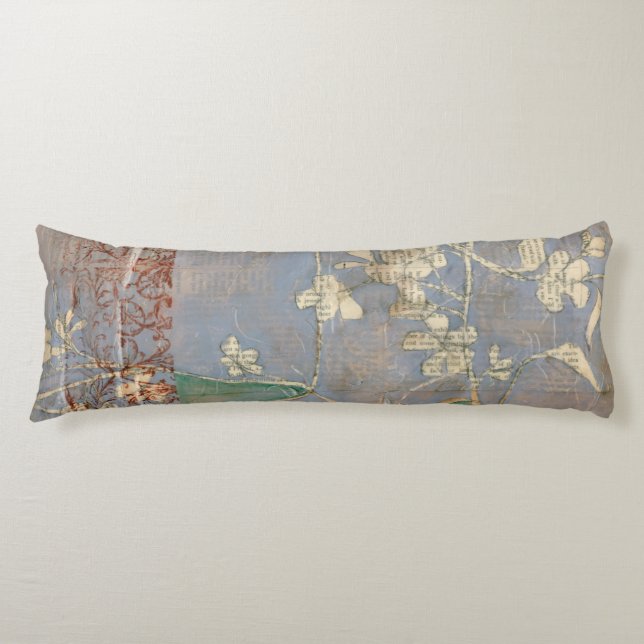 White Flowers on Newsprint Background Body Pillow (Front)