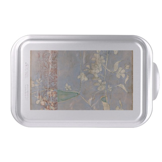 White Flowers on Newsprint Background Cake Pan (Front)