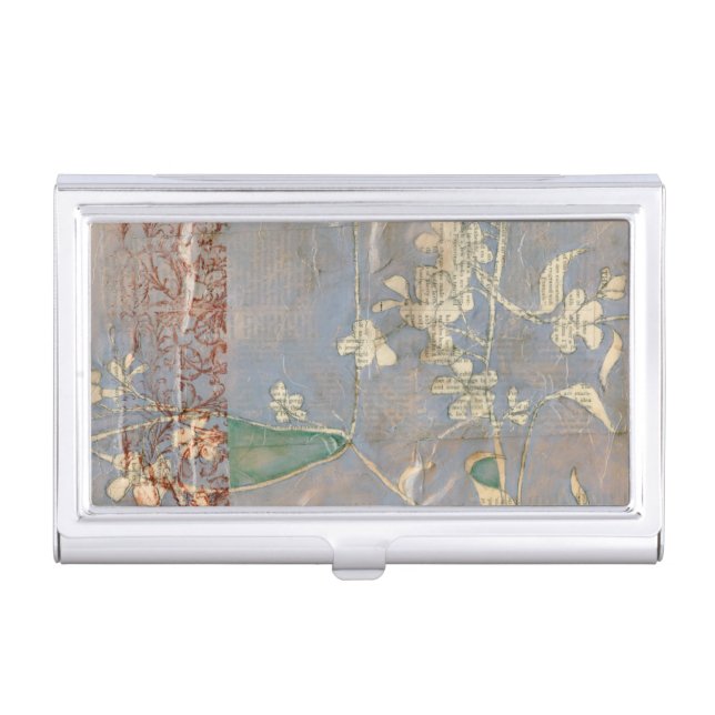 White Flowers on Newsprint Background Case For Business Cards (Front)