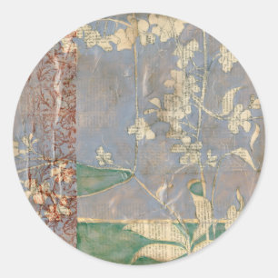 White Flowers on Newsprint Background Classic Round Sticker