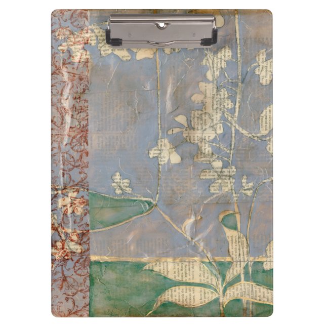 White Flowers on Newsprint Background Clipboard (Front)