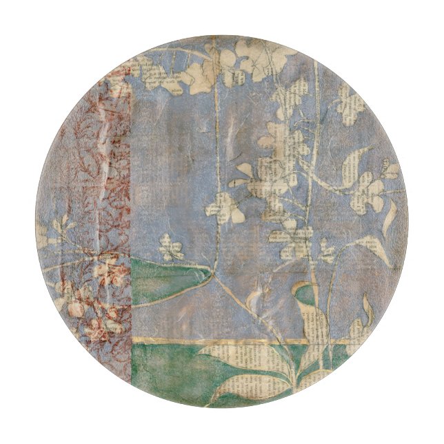 White Flowers on Newsprint Background Cutting Board (Front)