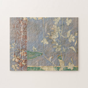 White Flowers on Newsprint Background Jigsaw Puzzle