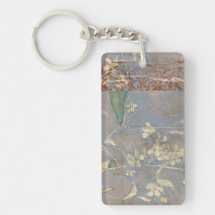 White Flowers on Newsprint Background Keychain
