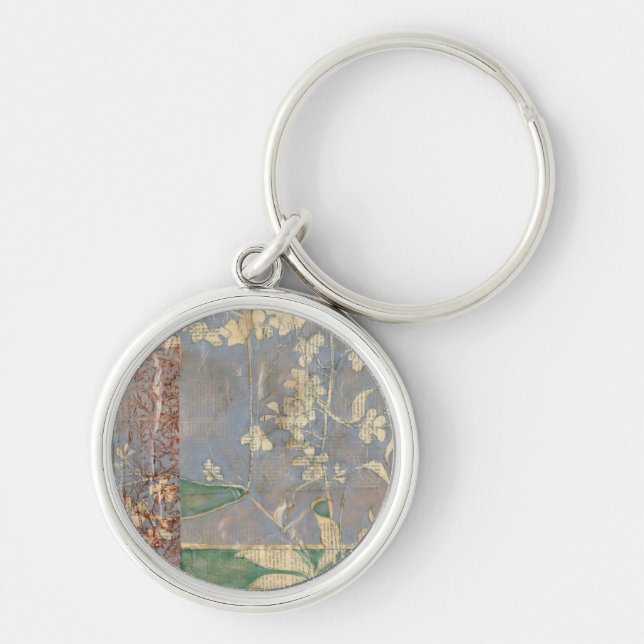 White Flowers on Newsprint Background Keychain (Front)