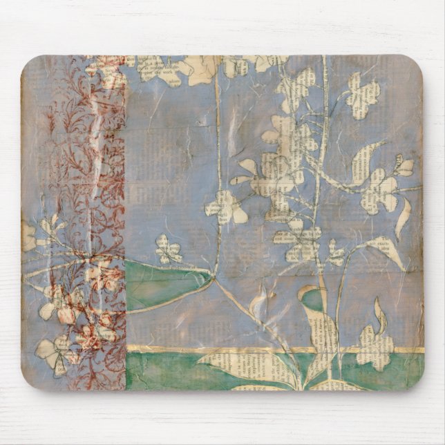 White Flowers on Newsprint Background Mouse Pad (Front)