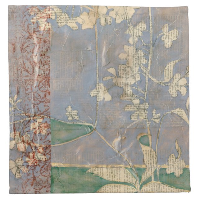 White Flowers on Newsprint Background Napkin (Front)