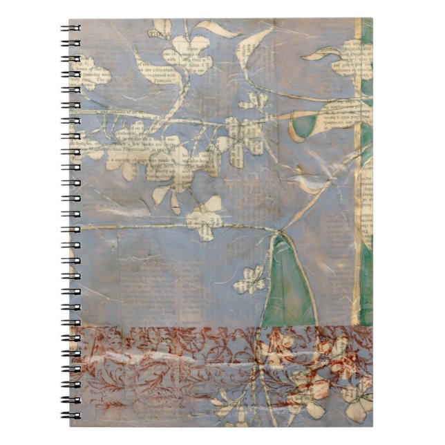 White Flowers on Newsprint Background Notebook (Front)