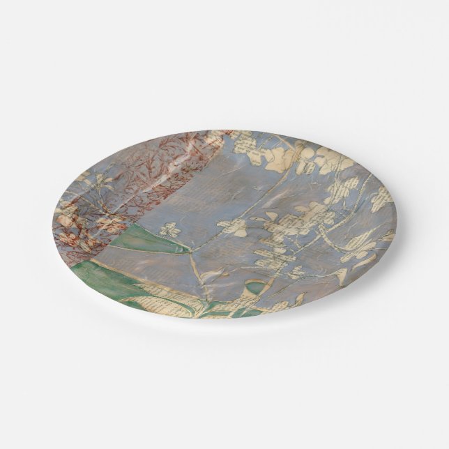 White Flowers on Newsprint Background Paper Plates (Angled)