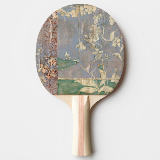 White Flowers on Newsprint Background Ping-Pong Paddle (Front)