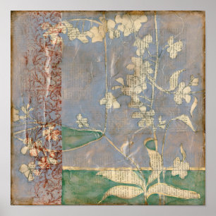 White Flowers on Newsprint Background Poster