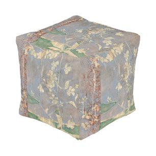 White Flowers on Newsprint Background Pouf