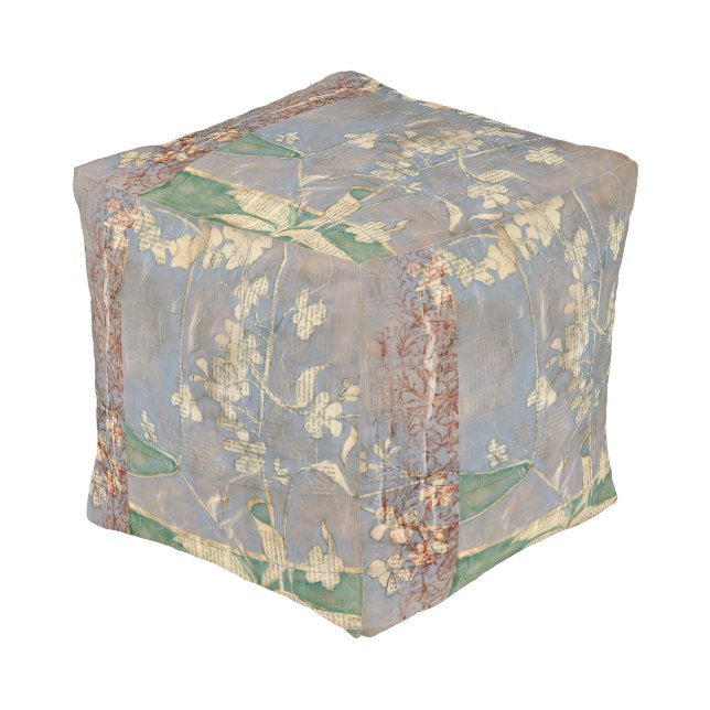 White Flowers on Newsprint Background Pouf (Angled Front)