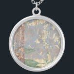 White Flowers on Newsprint Background Silver Plated Necklace<br><div class="desc">The newsprint background and deeply colored background almost hide the white flowers that are the focus of this painting by Jennifer Goldberger. A very unique and engaging print,  it could make a nice gift for someone who loves avant-garde art!</div>