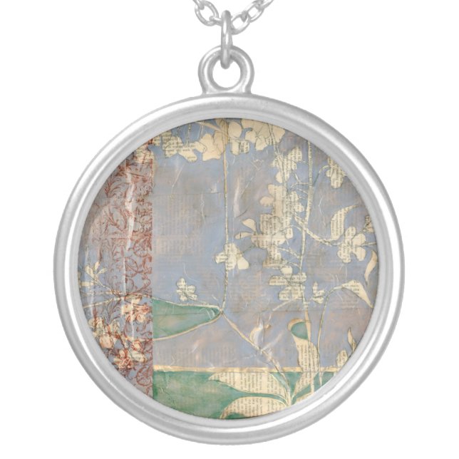 White Flowers on Newsprint Background Silver Plated Necklace (Front)