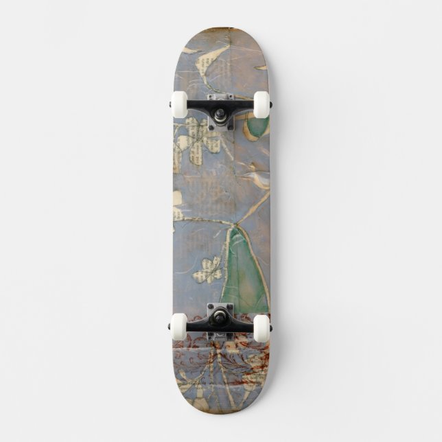 White Flowers on Newsprint Background Skateboard Deck (Front)