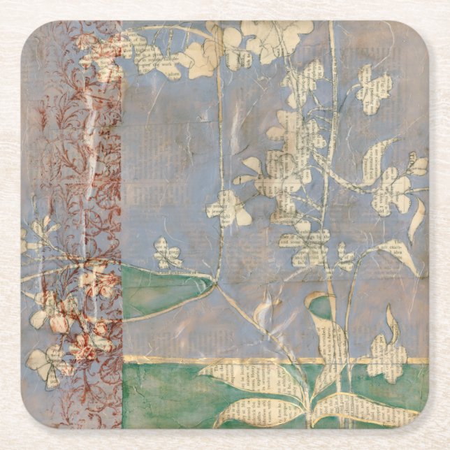 White Flowers on Newsprint Background Square Paper Coaster (Front)