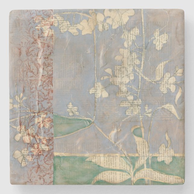 White Flowers on Newsprint Background Stone Coaster (Front)