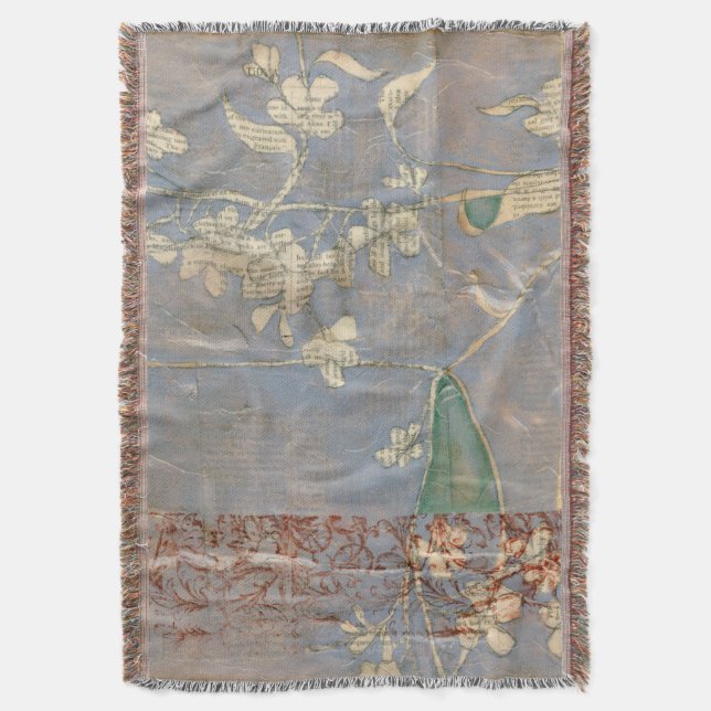White Flowers on Newsprint Background Throw Blanket (Front Vertical)
