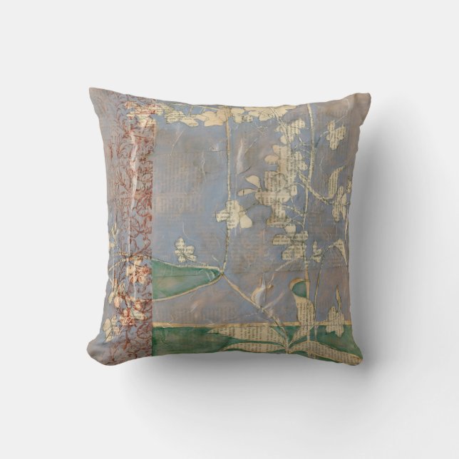 White Flowers on Newsprint Background Throw Pillow (Front)