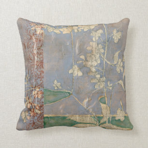 White Flowers on Newsprint Background Throw Pillow