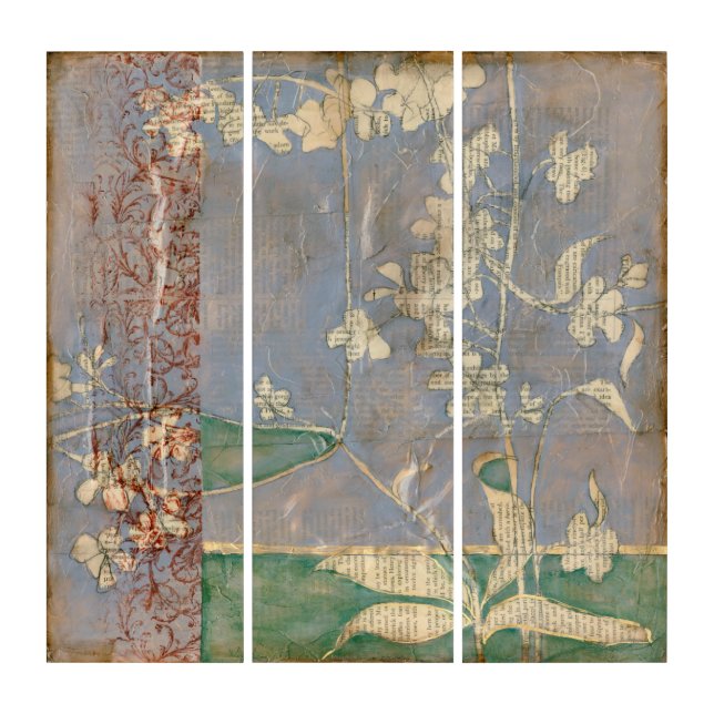 White Flowers on Newsprint Background Triptych (Front)