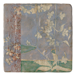 White Flowers on Newsprint Background Trivet